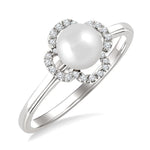 Load image into Gallery viewer, 6 MM Cultured Pearl and 1/10 Ctw Round Cut Diamond Clover Petite Fashion Ring in 10K White Gold