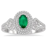 Load image into Gallery viewer, 6x4 MM Oval Shape Emerald and 1/3 Ctw Round Cut Diamond Precious Ring in 14K White Gold