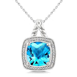 Load image into Gallery viewer, 10 MM Cushion Shape Blue Topaz and 1/20 Ctw Round Cut Diamond Semi-precious Pendant With Chain in Sterling Silver