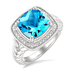 Load image into Gallery viewer, 10 MM Cushion Shape Blue Topaz and 1/20 Ctw Round Cut Diamond Semi-precious Ring in Sterling Silver