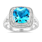 Load image into Gallery viewer, 10 MM Cushion Shape Blue Topaz and 1/20 Ctw Round Cut Diamond Semi-precious Ring in Sterling Silver