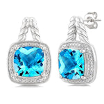 Load image into Gallery viewer, 8 MM Cushion Shape Blue Topaz and 1/20 Ctw Round Cut Diamond Semi-Precious Earrings in Sterling Silver