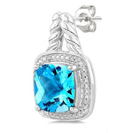 Load image into Gallery viewer, 8 MM Cushion Shape Blue Topaz and 1/20 Ctw Round Cut Diamond Semi-Precious Earrings in Sterling Silver
