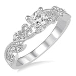 Load image into Gallery viewer, 1/10 Ctw Princess Cut Center Semi-Mount Diamond Leaf Motif Engagement Ring in 14K White Gold