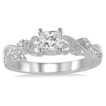 Load image into Gallery viewer, 1/10 Ctw Princess Cut Center Semi-Mount Diamond Leaf Motif Engagement Ring in 14K White Gold