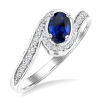 Load image into Gallery viewer, 6X4 MM Sapphire Oval Cut and 1/4 Ctw Bypass Round Cut Diamond Precious Ring in 10K White Gold