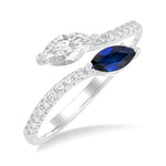 Load image into Gallery viewer, 6x3 MM Marquise Sapphire and 1/2 Ctw Marquise Cut Diamond Toi Et Moi Precious Bypass Open Ring in 14K White Gold