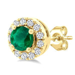 Load image into Gallery viewer, 3.25 MM Round Emerald and 1/10 Ctw Round Cut Diamond Halo Precious Stud Earrings in 10K Yellow Gold