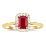 Load image into Gallery viewer, 6x4 MM Octagonal Shape Ruby and 1/6 Ctw Round Cut Diamond Halo Precious Ring in 10K Yellow Gold