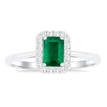 Load image into Gallery viewer, 6x4 MM Octagonal Shape Emerald and 1/6 Ctw Round Cut Diamond Halo Precious Ring in 14K White Gold