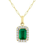 Load image into Gallery viewer, 6x4 MM Octagonal Shape Emerald and 1/6 Ctw Round Cut Diamond Halo Precious Pendant with Chain in 14K Yellow Gold