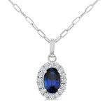 Load image into Gallery viewer, 6x4 MM Oval Shape Sapphire and 1/6 Ctw Round Cut Diamond Halo Precious Pendant with Chain in 14K White Gold