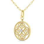 Load image into Gallery viewer, 1/5 Ctw Floral Motif Round Cut Diamond Circle Medallion Fashion Pendant With Chain in 14K Yellow Gold