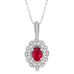 Load image into Gallery viewer, 6x4 MM Oval Cut Ruby and 1/8 Ctw Lattice Round Cut Diamond Precious Pendant With Chain in 10K White Gold