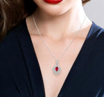 Load image into Gallery viewer, 6x4 MM Oval Cut Ruby and 1/8 Ctw Lattice Round Cut Diamond Precious Pendant With Chain in 10K White Gold