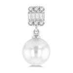 Load image into Gallery viewer, 6 MM Cultured Pearls and 1/10 Ctw Baguette and Round Cut Diamond Earrings in 14K White Gold