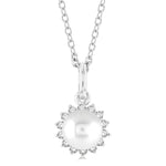Load image into Gallery viewer, 6 MM Cultured White Pearl and 1/6 Ctw Round Cut Diamond Halo Pendant With Chain in 10K White Gold