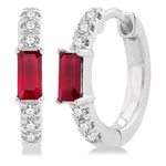 Load image into Gallery viewer, 4X2 MM Baguette Cut Ruby and 1/8 Ctw Petite Round Cut Diamond Fashion Huggies in 10K White Gold