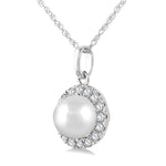 Load image into Gallery viewer, 5 MM Cultured White Pearl and 1/20 Ctw Round Cut Diamond Halo Pendant With Chain in 14K White Gold