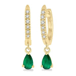 Load image into Gallery viewer, 5x3 MM Pear Cut Emerald and 1/8 Ctw Round Cut Diamond Petite Fashion Huggie Earrings in 10K Yellow Gold