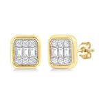 Load image into Gallery viewer, 1/5 Ctw Petite Bezel Set Emerald Shape Fusion Baguette and Round Cut Diamond Fashion Stud Earring in 10K Yellow Gold