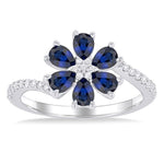 Load image into Gallery viewer, 4X3 MM Pear Cut Floral Blossom Sapphire and 1/5 Ctw Round Cut Diamond Bypass Precious Ring in 14K White Gold
