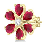 Load image into Gallery viewer, 4X3 MM Floral Blossom Pear Cut Ruby and 1/10 Ctw Round Cut Diamond Precious Stud Earring in 14K Yellow Gold