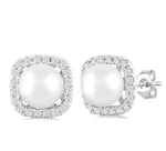 Load image into Gallery viewer, 5 MM Cushion-Shaped Cultured Pearl and 1/8 Ctw Petite Round Cut Diamond Halo Stud Earring in 10K White Gold