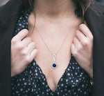 Load image into Gallery viewer, 4x4 MM Cushion Shape Sapphire and 1/10 Ctw Round Cut Diamond Pendant in 10K White Gold with Chain