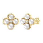 Load image into Gallery viewer, 3 MM Clover Cultured Pearl and 1/50 Ctw Round Cut Diamond Fashion Earrings in 10K Yellow Gold