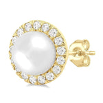 Load image into Gallery viewer, 6 MM White Cultured Pearl and 1/4 Ctw Round Cut Diamond Halo Stud Earrings in 10K Yellow Gold