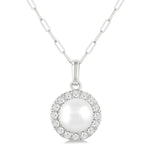 Load image into Gallery viewer, 6 MM Cultured White Pearl and 1/6 Ctw Round Cut Diamond Halo Pendant With Chain in 14K White Gold
