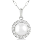 Load image into Gallery viewer, 6 MM Cultured White Pearl and 1/6 Ctw Round Cut Diamond Halo Pendant With Chain in 14K White Gold
