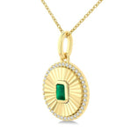 Load image into Gallery viewer, 4X3 MM Octagon Shape Emerald and 1/8 Ctw Round Cut Diamond Precious Fluted Medallion Pendant in 10K Yellow Gold with Chain