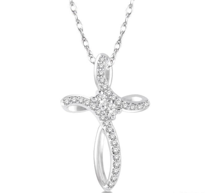 1/5 Ctw Rolled Back Cross Charm 2Stone Round Cut Diamond Pendant With Link Chain in 14K White Gold