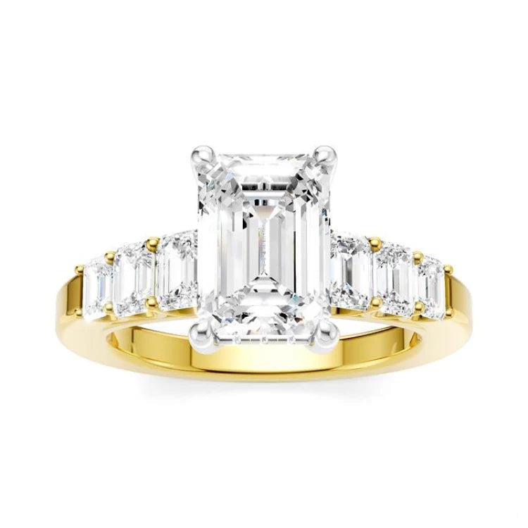 1 Ctw Emerald Shape Emerald and Round Cut Diamond Semi-Mount Engagement Ring in 14K Yellow and White Gold