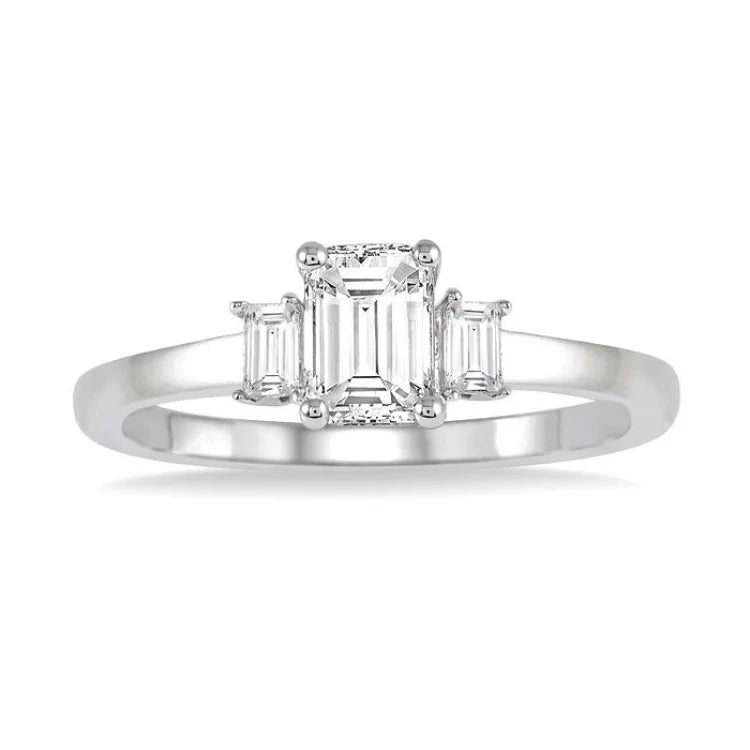 3/8 Ctw Octagonal and Baguette Diamond Ladies Engagement Ring with 1/3 Ct Emerald cut Center Stone in 14K White Gold