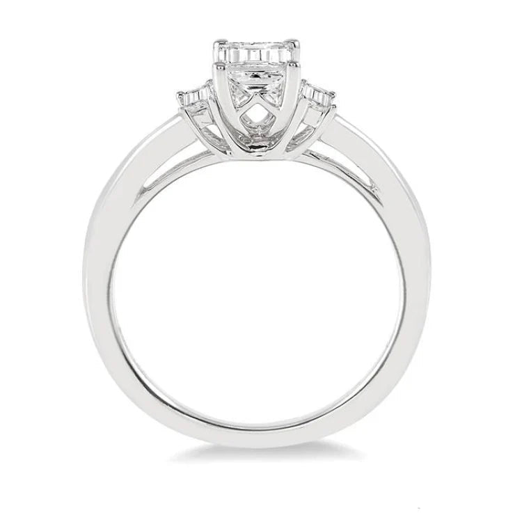 3/8 Ctw Octagonal and Baguette Diamond Ladies Engagement Ring with 1/3 Ct Emerald cut Center Stone in 14K White Gold