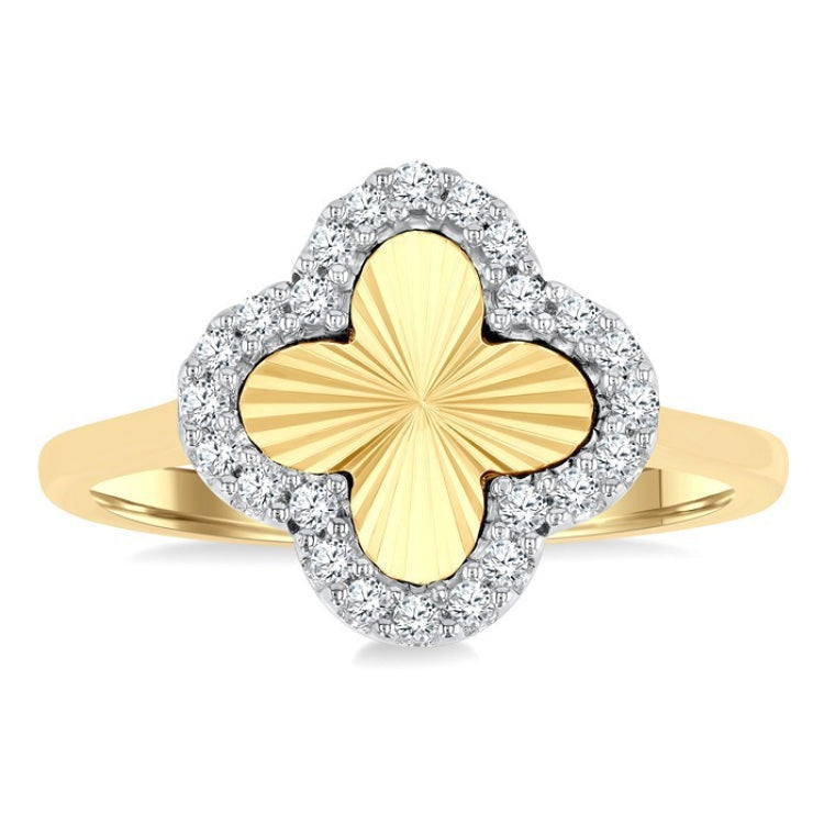 1/6 Ctw Fluted Texture 4-Leaf Clover Round Cut Diamond Fashion Ring in 14K Yellow and White Gold