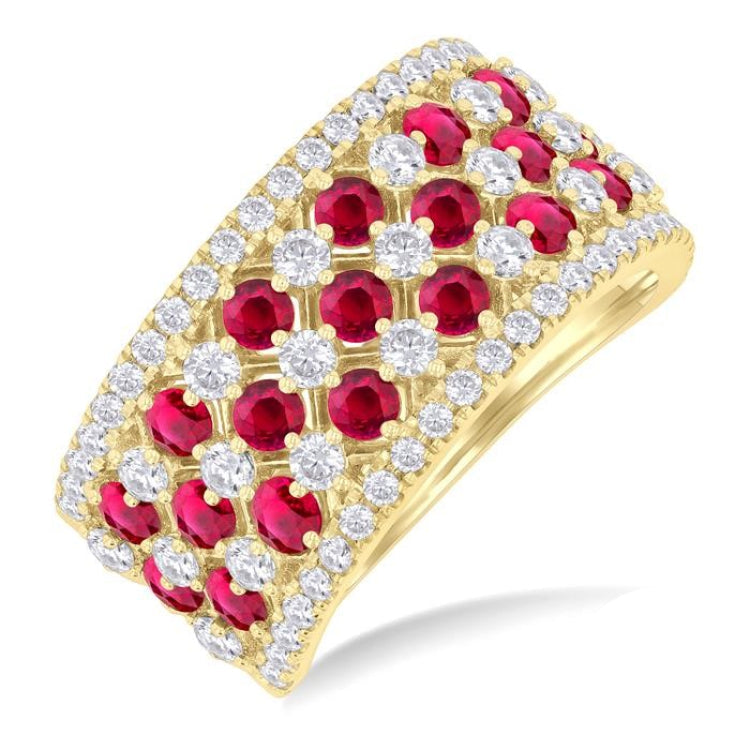 2.4 MM Fretwork Ruby and 1 1/3 Ctw Round Cut Diamond Precious Band in 14K Yellow Gold