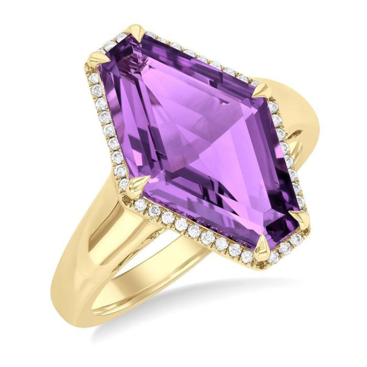 16x10 MM Hexagon Shape Amethyst and 1/10 Ctw Round Cut Diamond Halo Semi-Precious Ring in 14K Yellow Gold