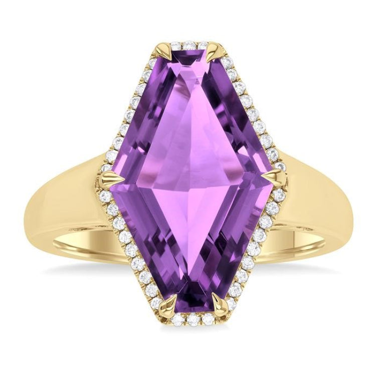 16x10 MM Hexagon Shape Amethyst and 1/10 Ctw Round Cut Diamond Halo Semi-Precious Ring in 14K Yellow Gold