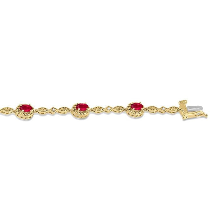 5x3 MM Oval Cut Ruby and 1/20 Ctw Round Cut Diamond Bracelet in 10K Yellow Gold
