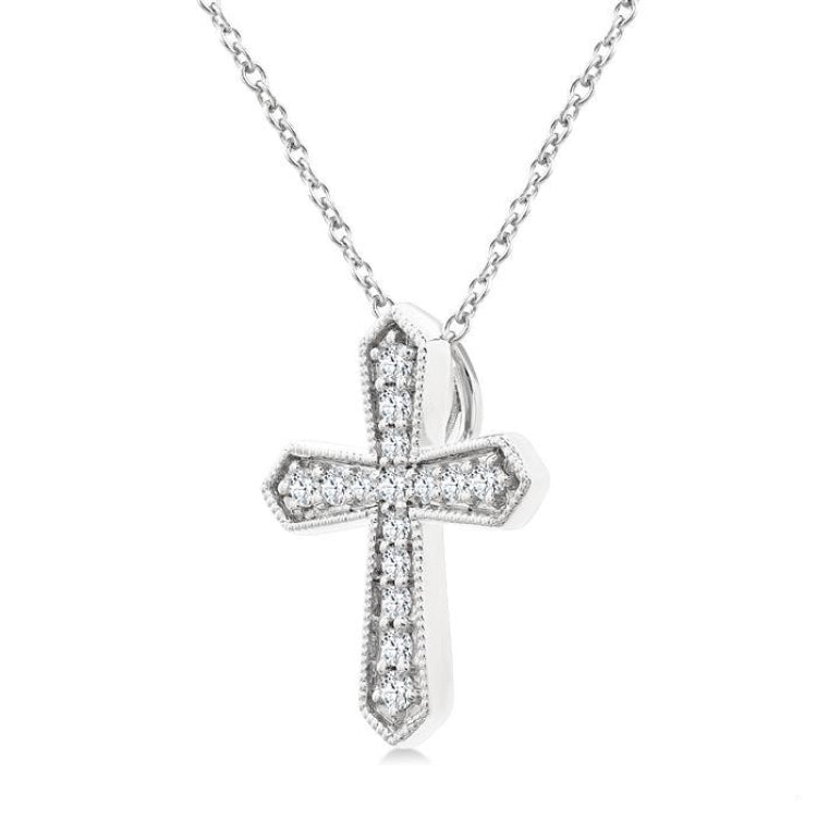 1/6 Ctw Round Cut Diamond Cross Petite Fashion Pendant With Chain in 10K White Gold