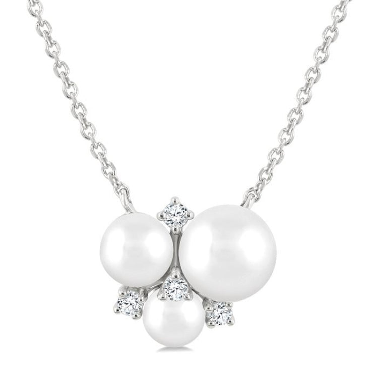 4 MM, 5 MM & 6 MM Cultured Pearl and 1/20 Ctw Round Cut Diamond Fashion Pendant With Chain in 10K White Gold
