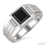 8x8 MM Princess Shape Onyx and 1/20 Ctw Round Cut Diamond Semi-precious Men's Ring in Sterling Silver