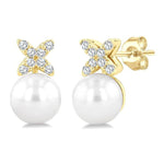 Load image into Gallery viewer, 6 MM Cultured Pearl and 1/10 Ctw Round Cut Diamond Floral Fashion Earrings in 14K Yellow Gold