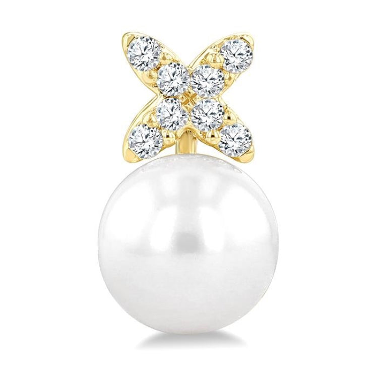 6 MM Cultured Pearl and 1/10 Ctw Round Cut Diamond Floral Fashion Earrings in 14K Yellow Gold