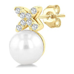 Load image into Gallery viewer, 6 MM Cultured Pearl and 1/10 Ctw Round Cut Diamond Floral Fashion Earrings in 14K Yellow Gold