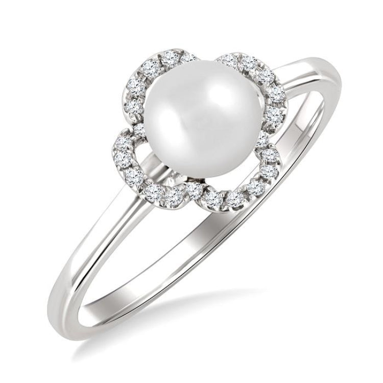6 MM Cultured Pearl and 1/10 Ctw Round Cut Diamond Clover Petite Fashion Ring in 10K White Gold